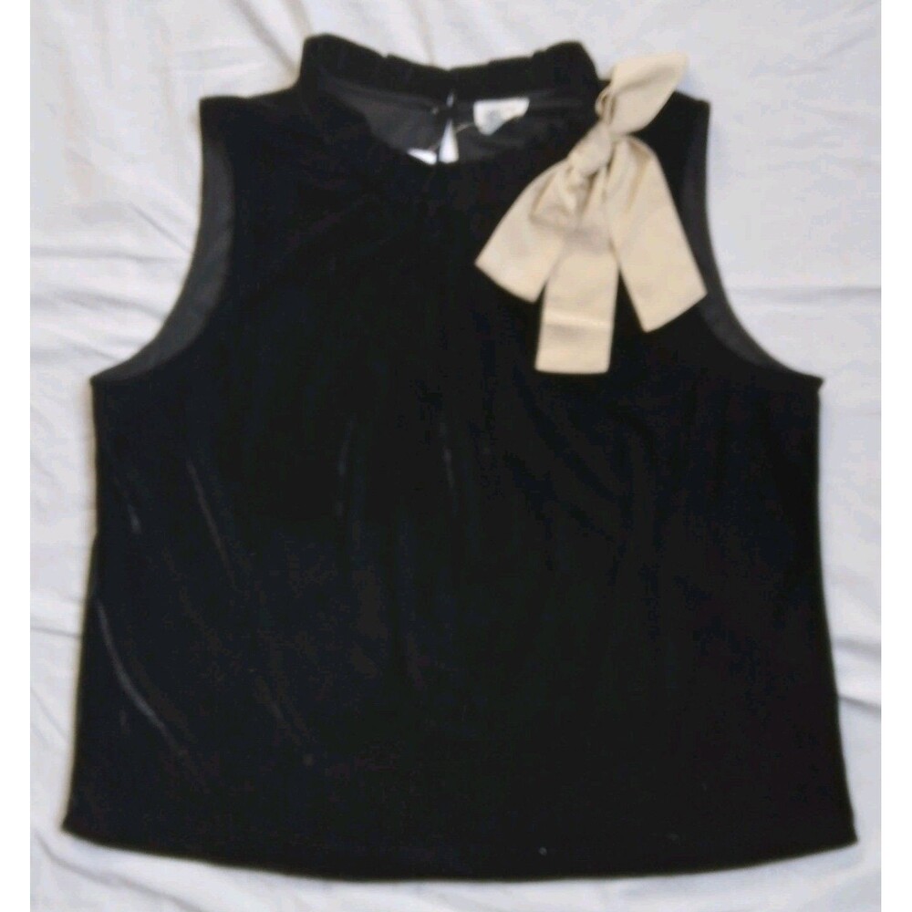 J.Crew Black Velvet Sleeveless Top Ruffle Neck Cream Shoulder Bow Size L